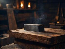 Blacksmith's anvil on a wooden stump in a dark workshop. photo