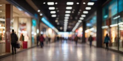 A blurred view of a shopping mall corridor with illuminated storefronts. photo