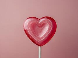 A red heart shaped lollipop with a white stick on a pink background Minimal Valentines or love concept Flat lay Banner Copy space. photo
