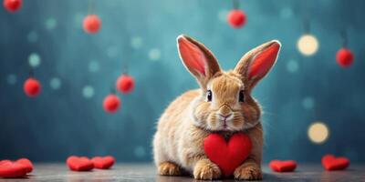 Cute bunny with red hearts in front of studio background. photo