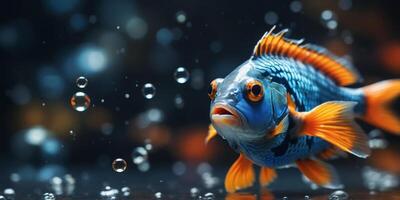 A blue-orange fish with bubbles on its back in sharp focus Background softly blurred. photo