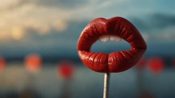 Red juicy lips in a bunch with sky and clouds in background Valentine's concept Love theme. photo
