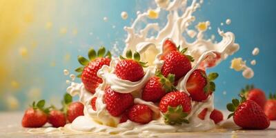 strawberries pour out of whipped cream creating a big splash over a yellow background. photo