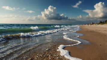 A beach with a wave approaching the shore and a blue sky adorned with white clouds. photo