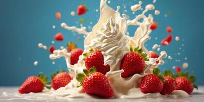 strawberries pour out of whipped cream creating a big splash over a yellow background. photo