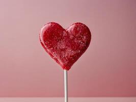 A red heart shaped lollipop with a white stick on a pink background Minimal Valentines or love concept Flat lay Banner Copy space. photo