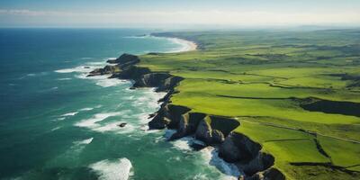 Aerial View of Rugged Coastline with Green Fields. photo