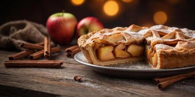 Apple Pie with Cinnamon Stick and Steam on Rustic Wooden Table. photo