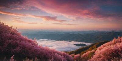 Beautiful view at pink sky above fluffy clouds. photo