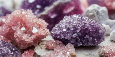 Close up of pink and purple crystal geodes inside white rock. photo