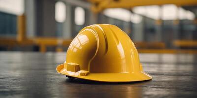 Engineering concept with hard hat on yellow background with copy space. photo