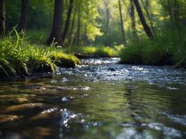 Spring background Stream of water in the forest. photo