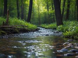 Spring background Stream of water in the forest. photo