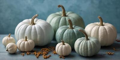 White and green pumpkins on pastel blue background with copy space. photo