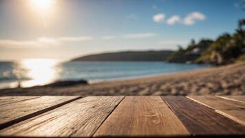 Wooden table with with blurry beach and ocean in background. photo
