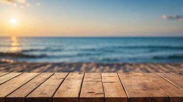 Wooden table with with blurry beach and ocean in background. photo
