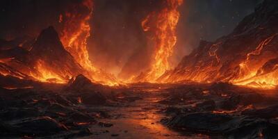Chaotic Firestorm of Molten Lava and Scorching Flames in an Apocalyptic Landscape of Devastation and Destruction. photo