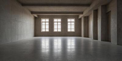 The image shows an empty room with a concrete floor and walls. photo
