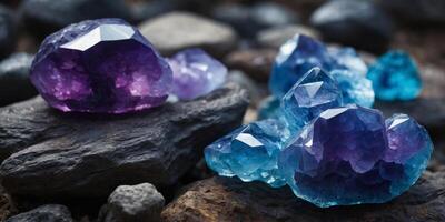 Purple and blue geodes inside crystal rock. photo