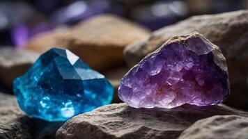 Close up of violet and blue geodes inside crystal rock. photo