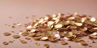 Golden party confetti on pastel pink background with copy space. photo