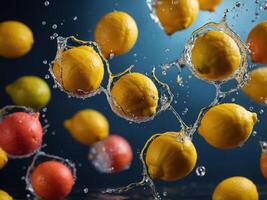 Lemons splashing into water with colorful balls. photo
