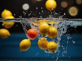 Lemons splashing into water with colorful balls. photo