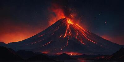 Volcanic Eruption at Night with Red Glow. photo