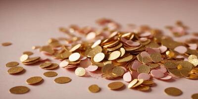 Golden party confetti on pastel pink background with copy space. photo