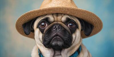 Pug dog with summer straw hat on blue background. photo