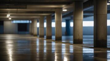Empty Parking Garage with Concrete Columns and Reflective Floor. photo