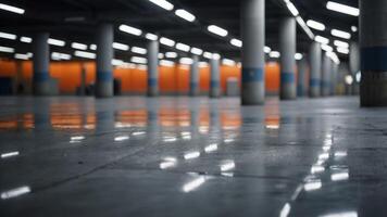 Empty Parking Garage with Concrete Columns and Reflective Floor. photo