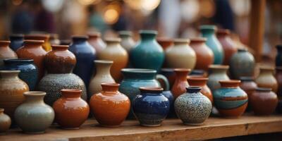 Pottery and ceramics displayed at a local craft market. photo