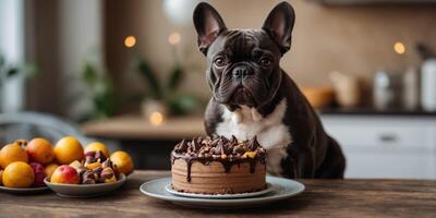 Black French Bulldog dog with cake with chocolate on kitchen table. photo