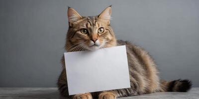 Cute cat holding empty white paper in front of gray studio background with copy space. photo