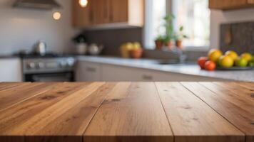 Empty wood table with blurry kitchen in background. photo
