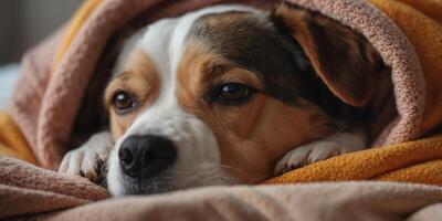 Close up of cute dog snuggling under warm blanket. photo