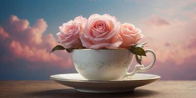 Teacup with a fluffy pink cloud and rose floating in the sky Whimsical and magical concept. photo