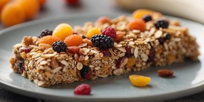 Close up of granola energy bar with dried fruits on plate. photo