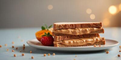 Peanut butter sandwich on plate in front of studio background. photo
