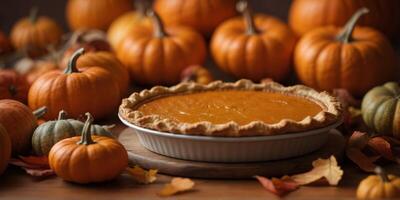 Whole small pumpkin pie on orange background surrounded by pumpkins. photo