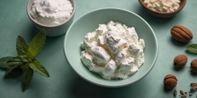 Top view of bowl with white quark or cream on side of mint green background with copy space. photo