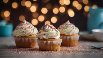 Cupcakes with sprinkles and frosting on a festive table. photo