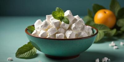 Top view of bowl with white quark or cream on side of mint green background with copy space. photo