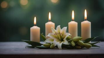 Candles and Lilies with a Soft Green Background. photo