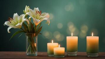 Candles and Lilies with a Soft Green Background. photo