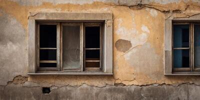 Old and worn window on abandoned building. photo
