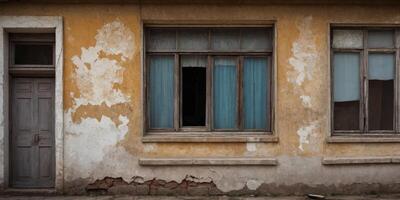 antiguo y desgastado ventana en abandonado edificio. foto