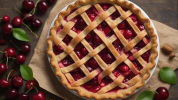 Top view of cherry fruit pie with lattice design topping. photo