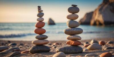 Rock balancing at beach Stones piled in balanced stacks in front of blurry beach background with copy space. photo